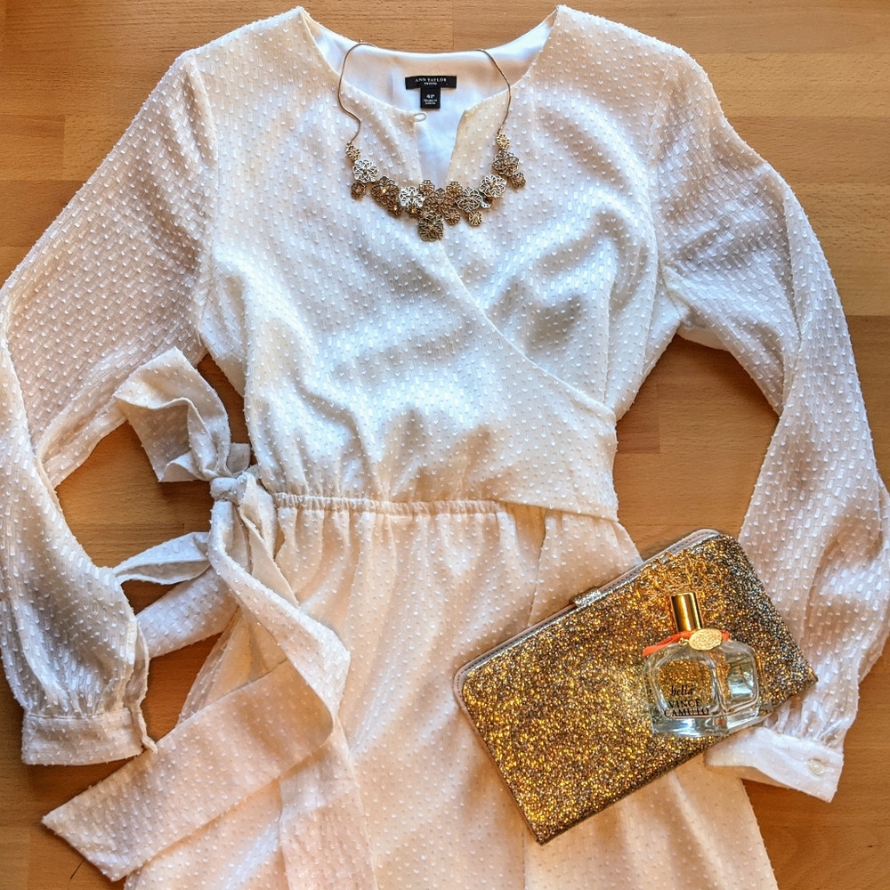 Ann Taylor Petite white long sleeve wrap dress